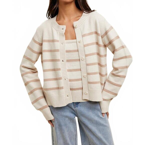 NEW WISHLIST striped cami and cardigan set in cream toffee